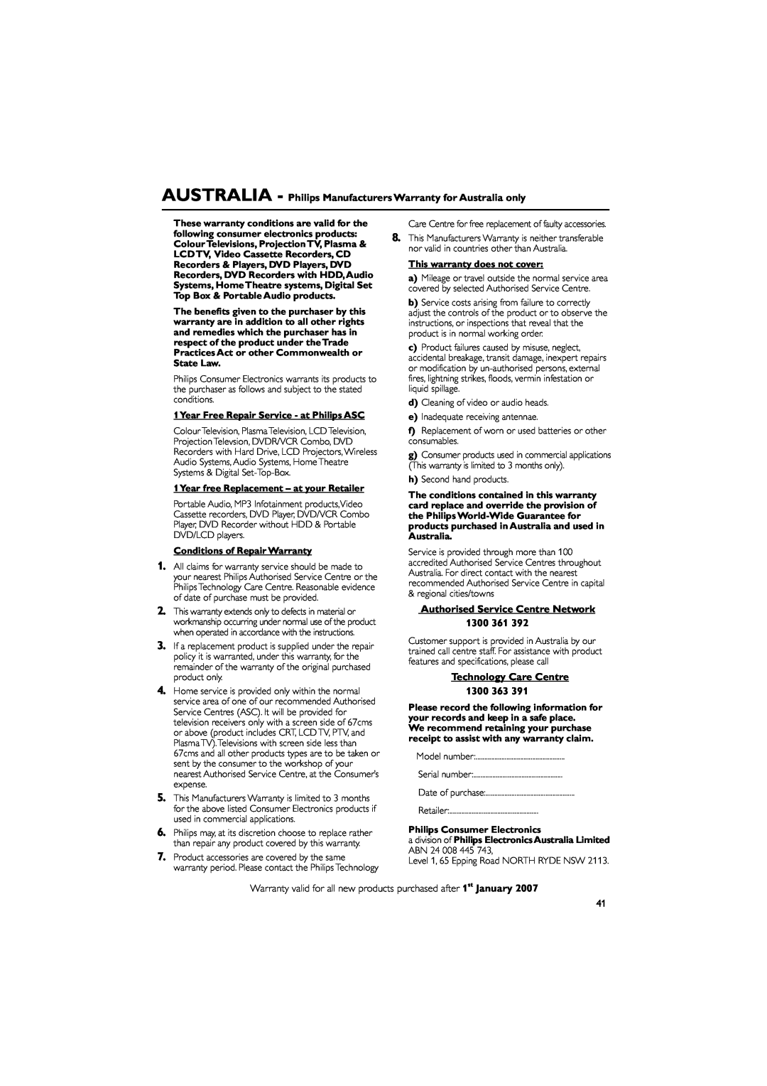 Philips PDCC-JH-0811 user manual AUSTRALIA - Philips Manufacturers Warranty for Australia only, Technology Care Centre 1300 