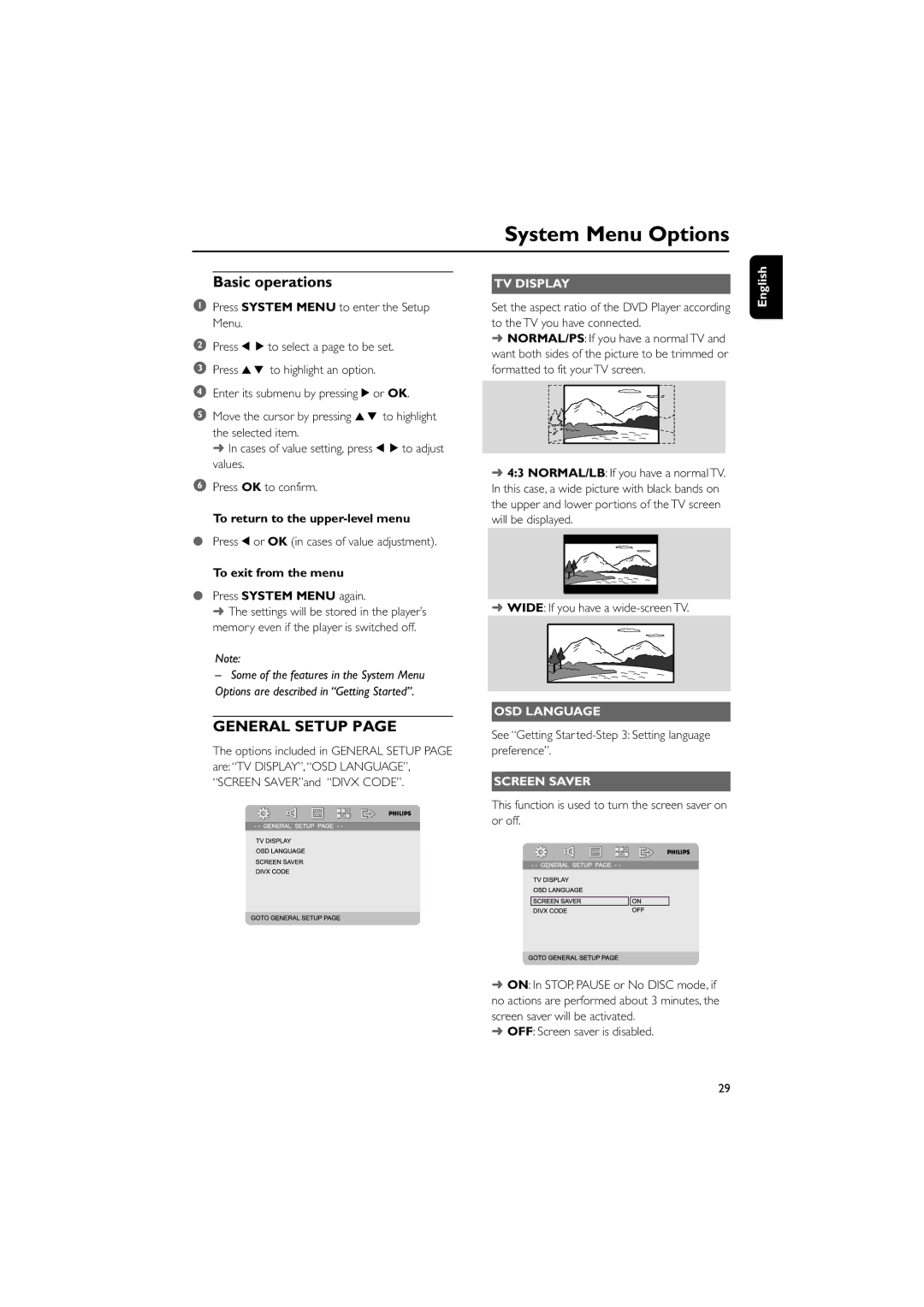 Philips PDCC-JS-JW-0731, MCD728/93 manual System Menu Options, Basic operations, TV Display, OSD Language, Screen Saver 