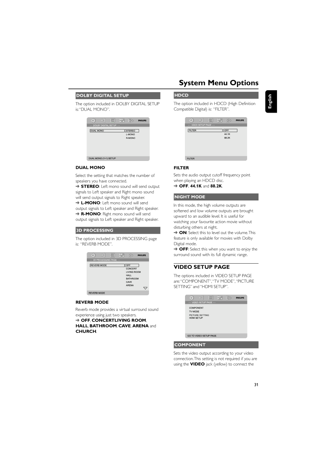 Philips PDCC-JS-JW-0731, MCD728/93 manual Dolby Digital Setup, 3D Processing, Hdcd, Night Mode, Component 