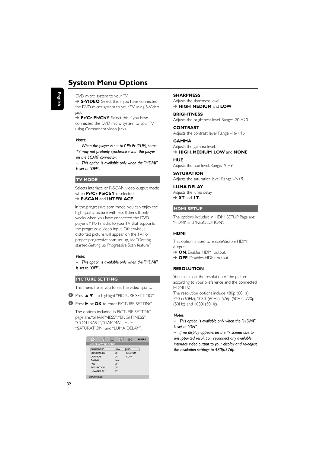 Philips MCD728/93, PDCC-JS-JW-0731 manual TV Mode, Picture Setting, Hdmi Setup 