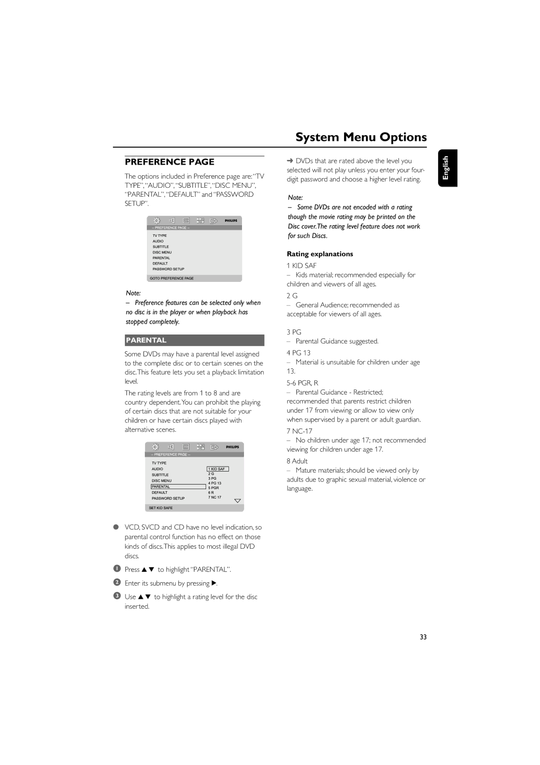 Philips PDCC-JS-JW-0731, MCD728/93 manual Parental, Rating explanations, NC-17 