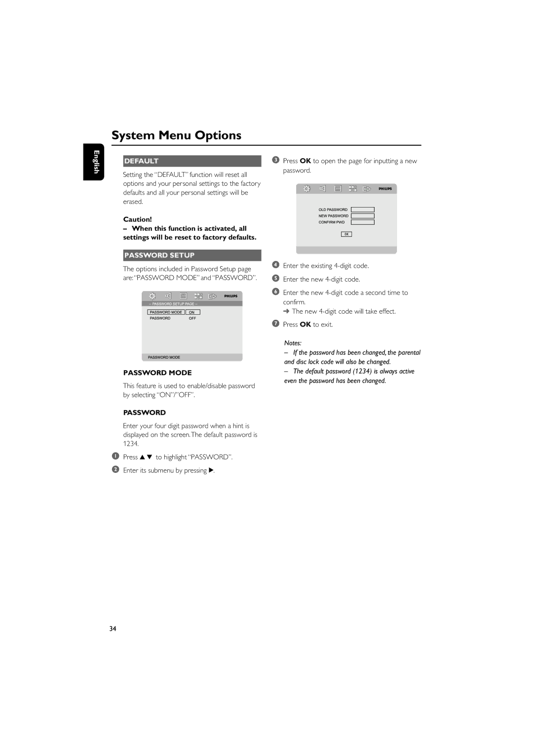 Philips MCD728/93, PDCC-JS-JW-0731 manual Default, Password Setup, Password Mode 