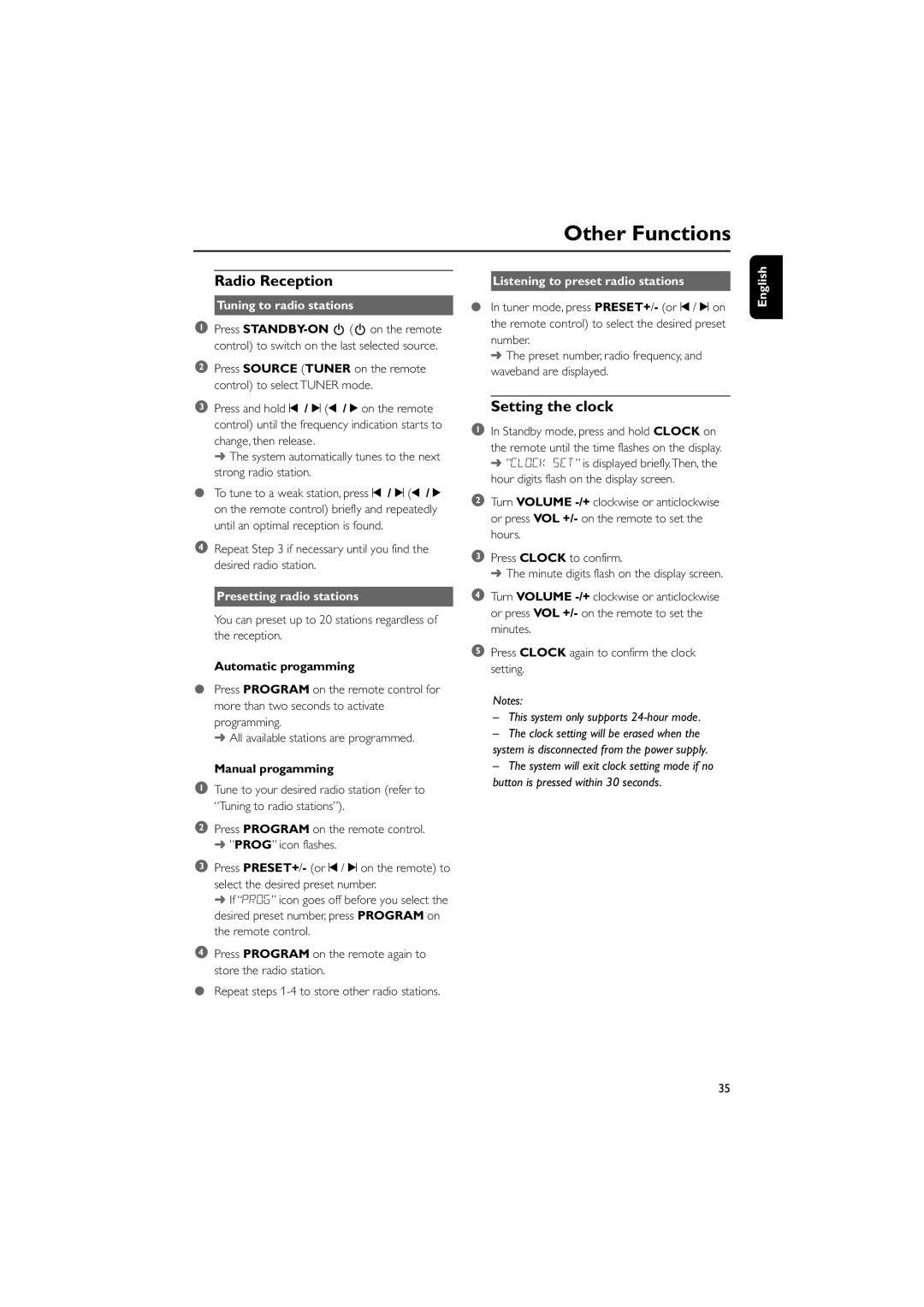 Philips PDCC-JS-JW-0731, MCD728/93 manual Other Functions, Radio Reception, Setting the clock 