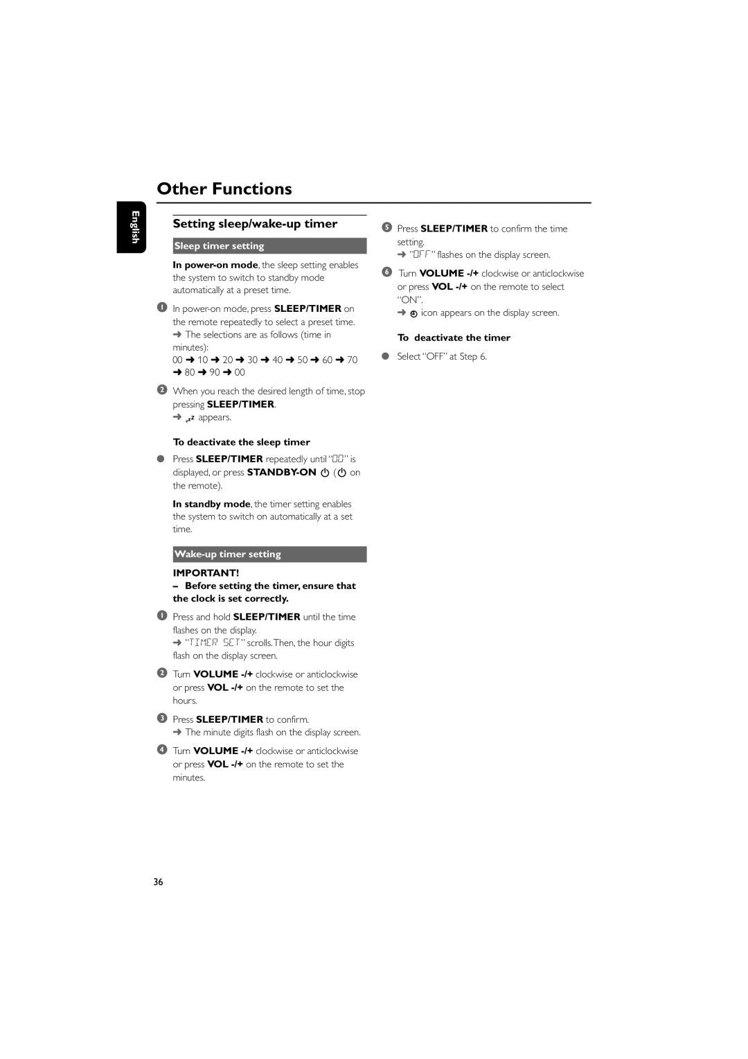 Philips MCD728/93 Setting sleep/wake-up timer, Sleep timer setting, To deactivate the sleep timer, Wake-up timer setting 