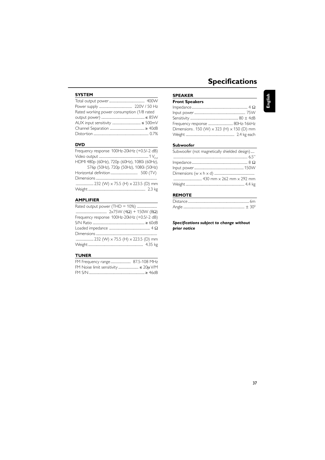 Philips PDCC-JS-JW-0731, MCD728/93 manual Specifications 