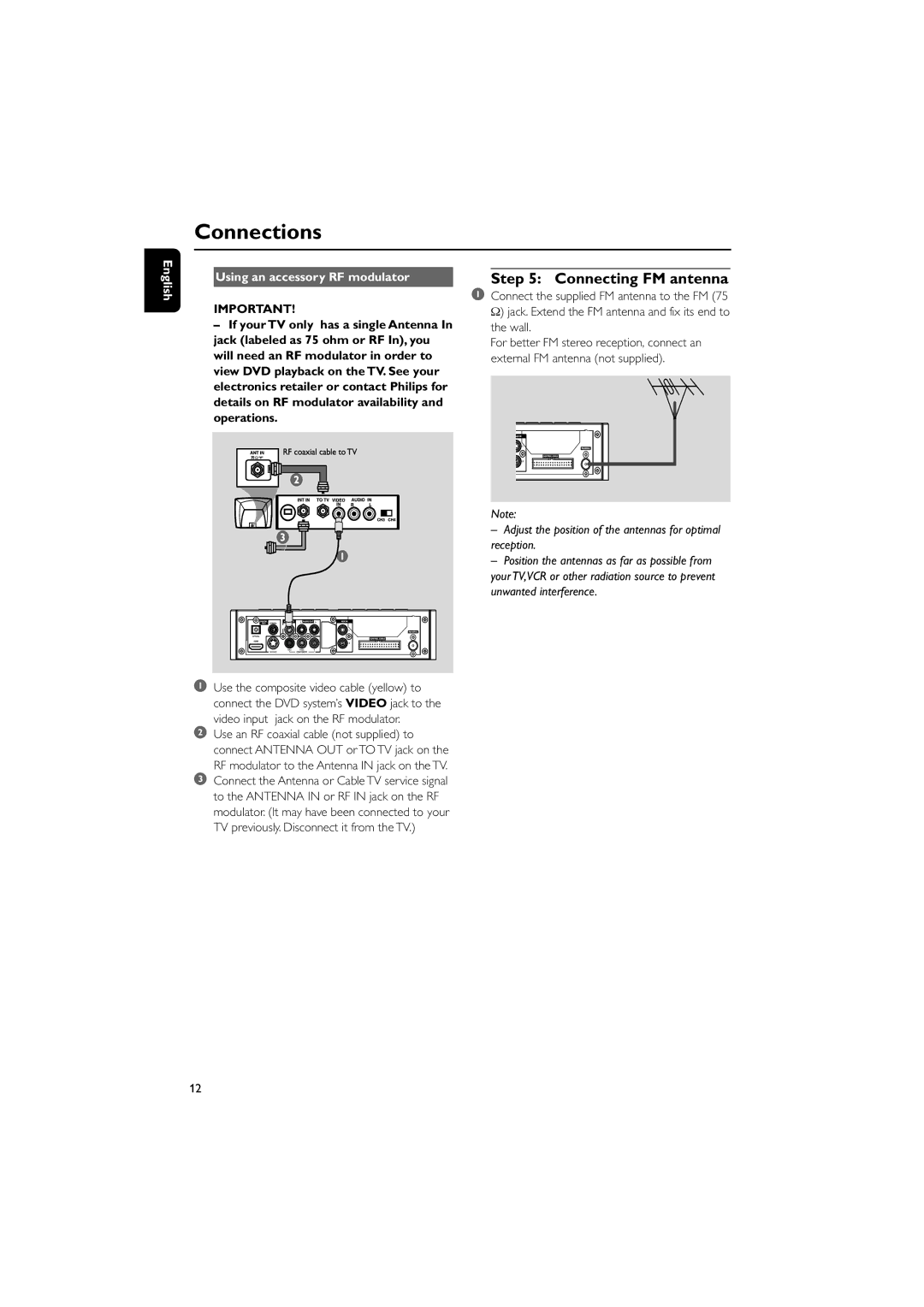 Philips MCD728/93 Connecting FM antenna, English Using an accessory RF modulator, Video input jack on the RF modulator 