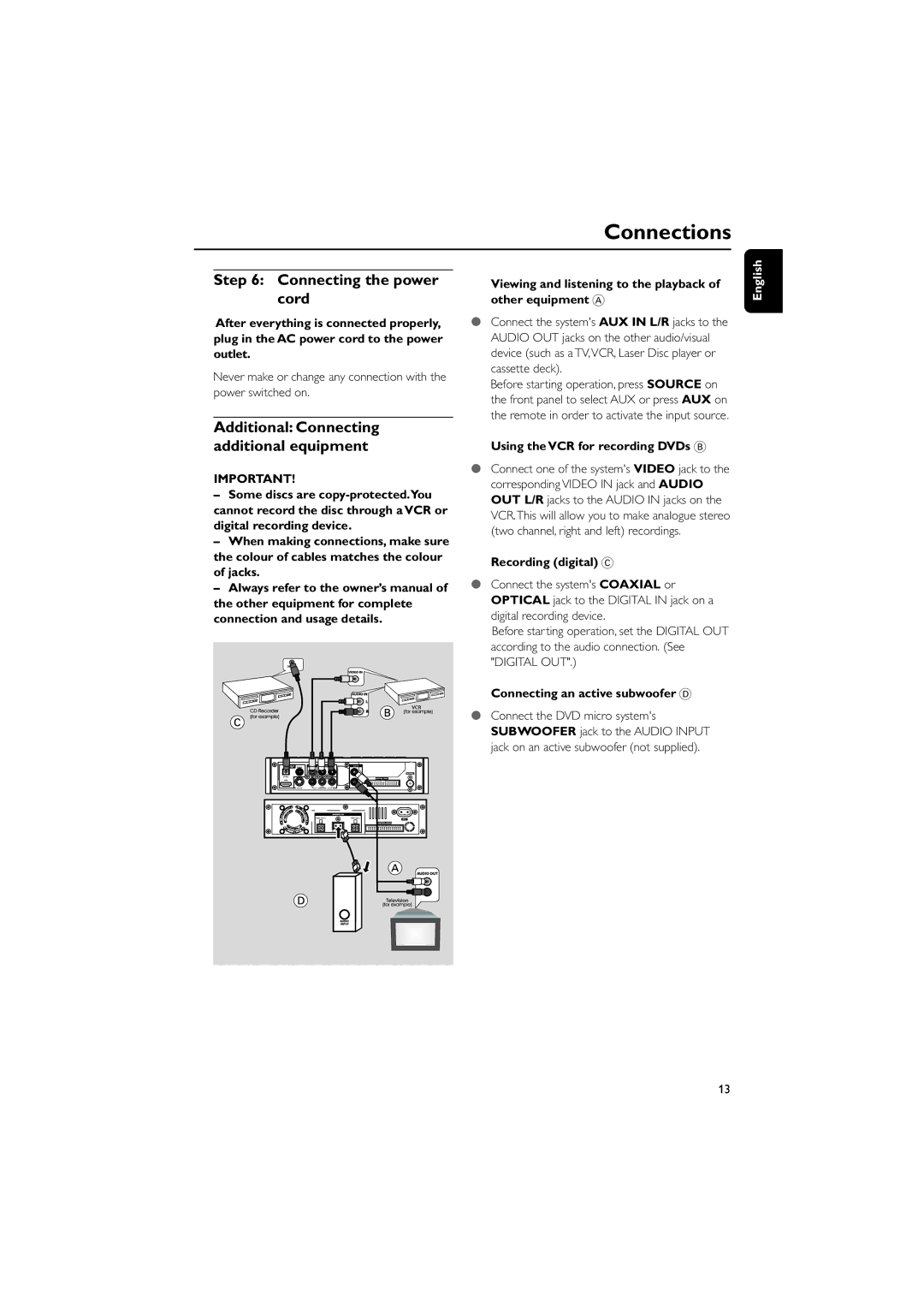 Philips PDCC-JS-JW-0731 manual Connecting the power cord, Additional Connecting additional equipment, Recording digital C 