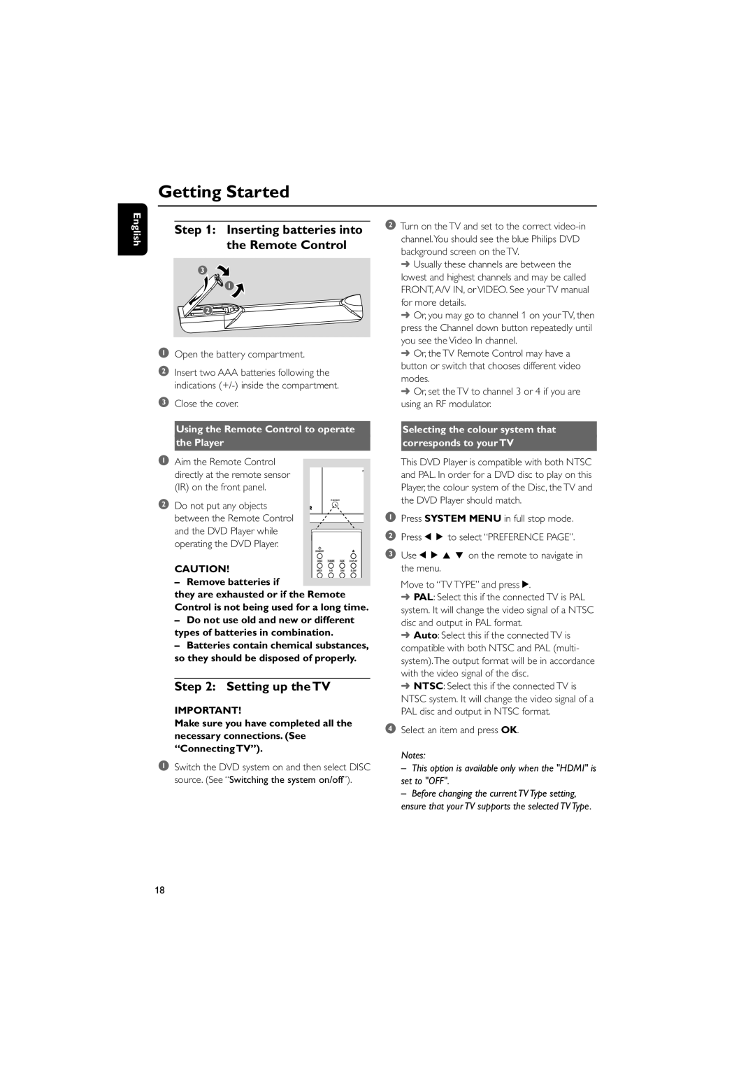 Philips MCD728/93, PDCC-JS-JW-0731 manual Getting Started, Inserting batteries into the Remote Control, Setting up the TV 