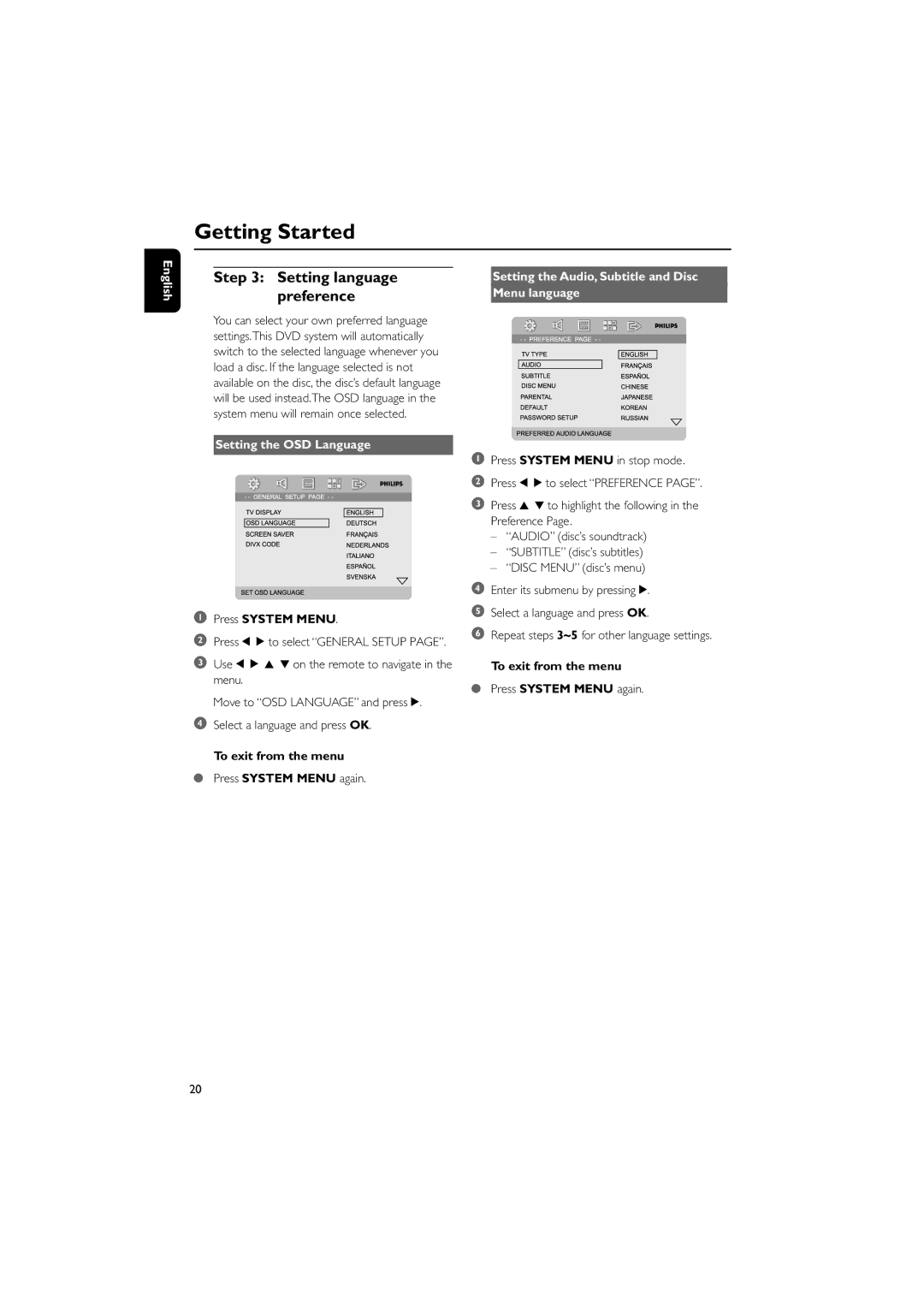 Philips MCD728/93, PDCC-JS-JW-0731 manual Setting language preference, Setting the OSD Language, Press System Menu 