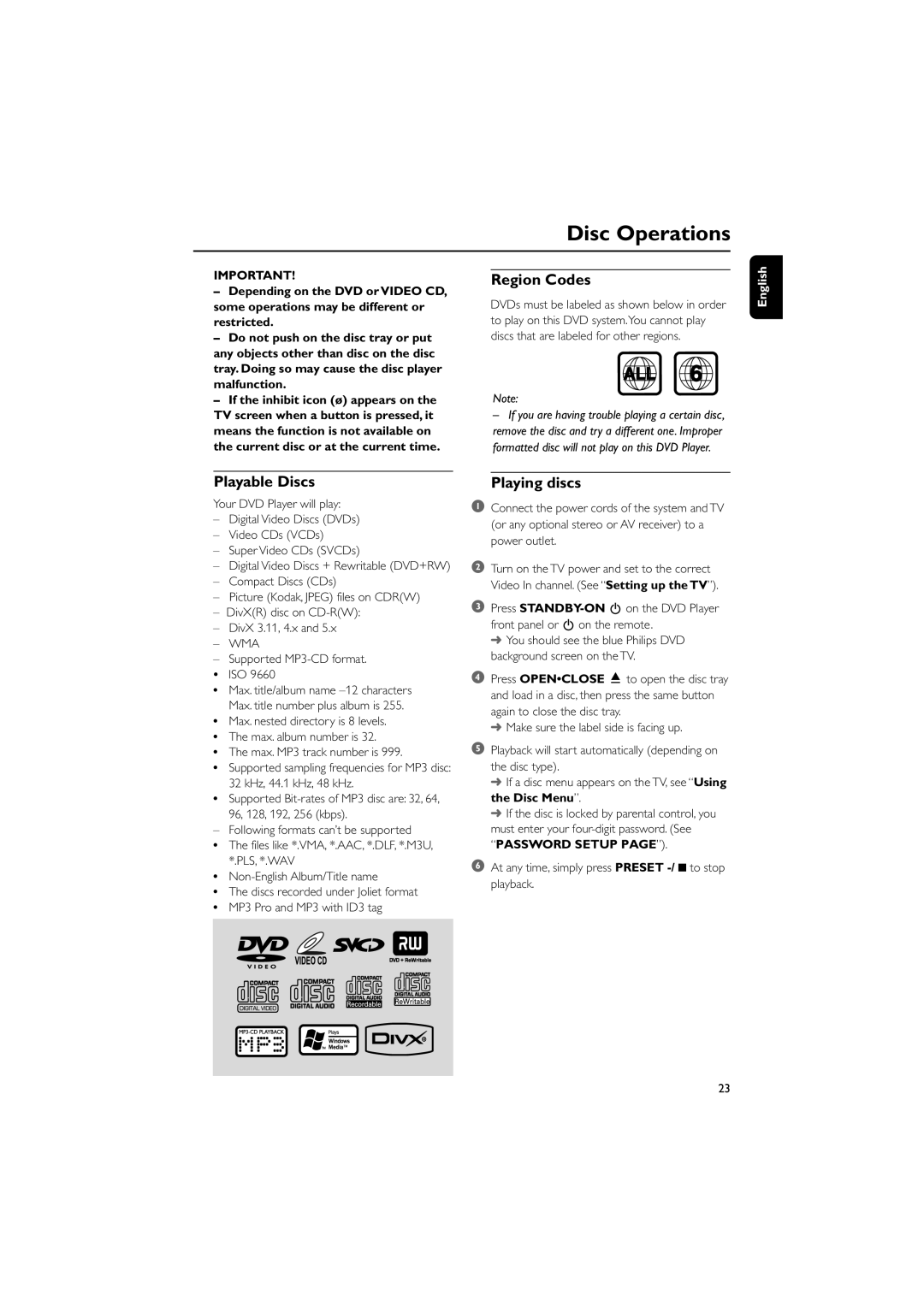 Philips PDCC-JS-JW-0731, MCD728/93 manual Disc Operations, Region Codes, Playable Discs, Playing discs 