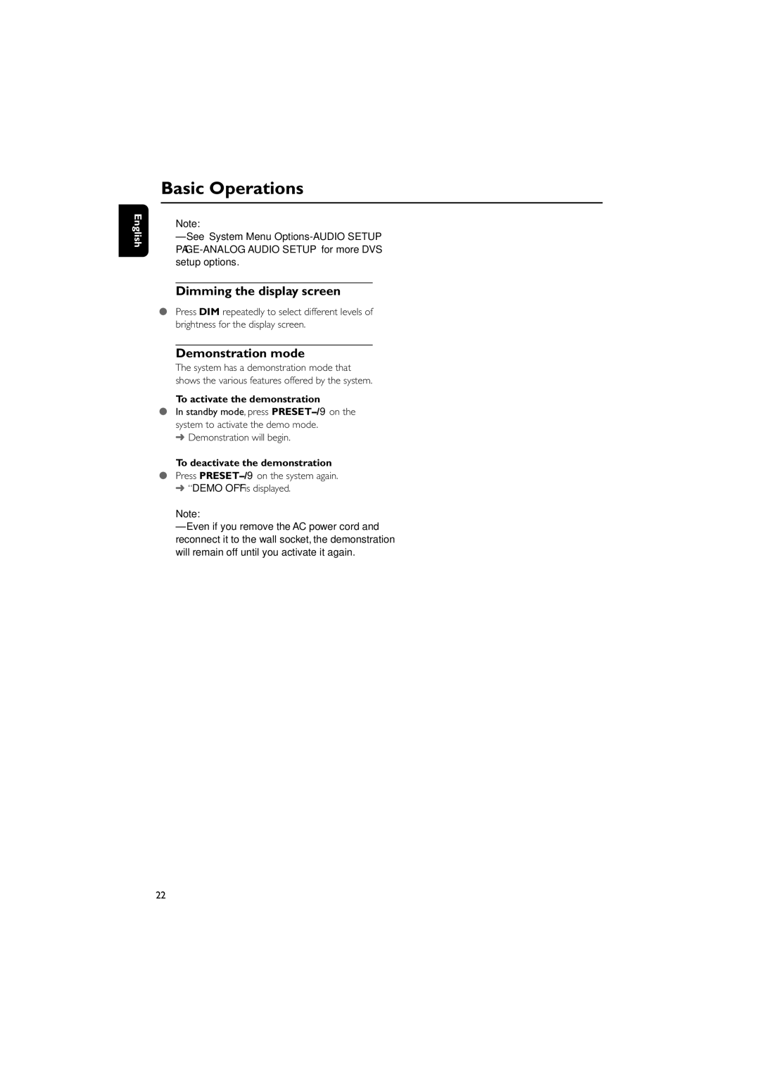 Philips MCD728/93 manual Basic Operations, Dimming the display screen, Demonstration mode, To activate the demonstration 