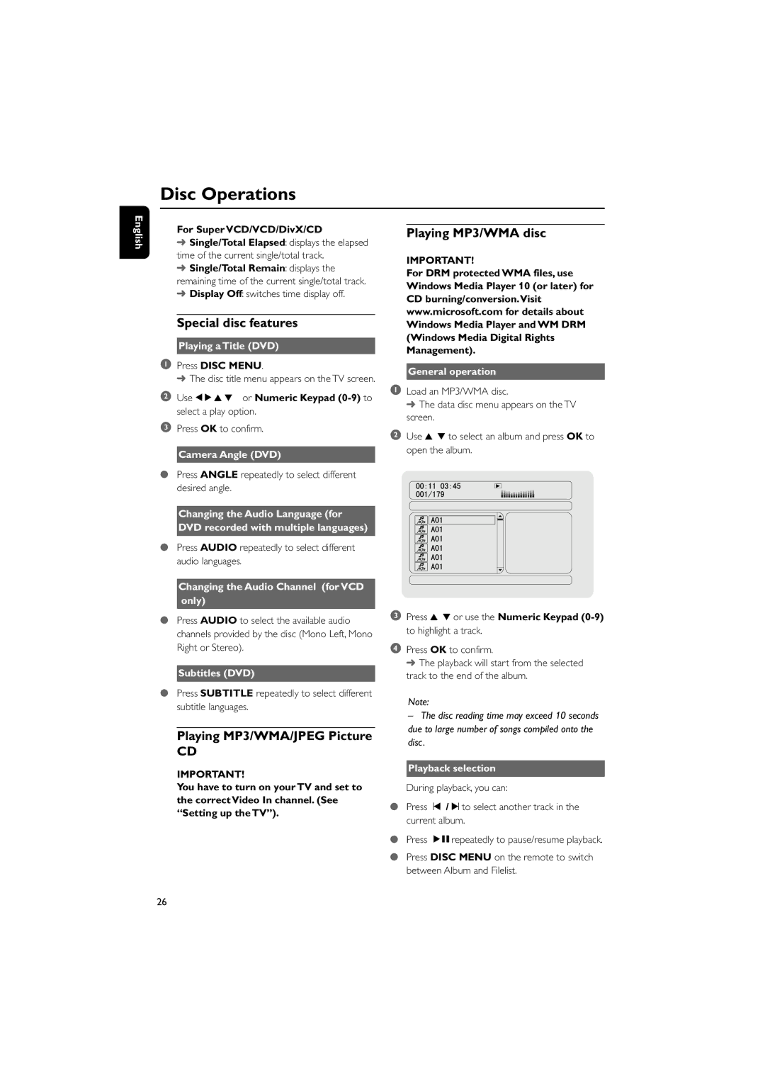 Philips MCD728/93, PDCC-JS-JW-0731 manual Special disc features, Playing MP3/WMA/JPEG Picture, Playing MP3/WMA disc 