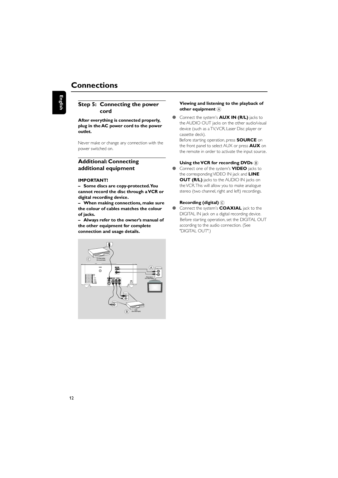 Philips PDCC-JS-JW-0734 manual Connecting the power cord, Additional Connecting additional equipment, Recording digital C 