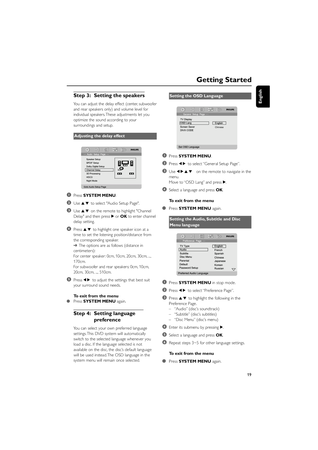 Philips PDCC-JS-JW-0734 manual Setting the OSD Language English, To exit from the menu, Press System Menu again 