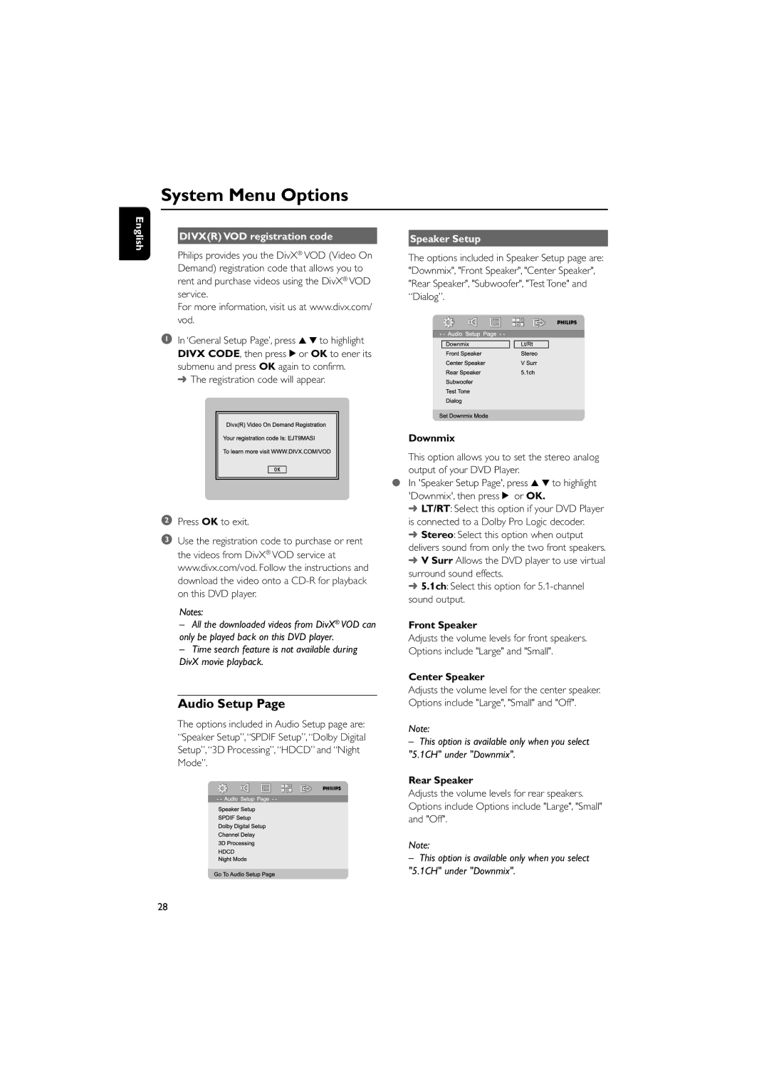 Philips PDCC-JS-JW-0734 manual Audio Setup, Divxr VOD registration code Speaker Setup 