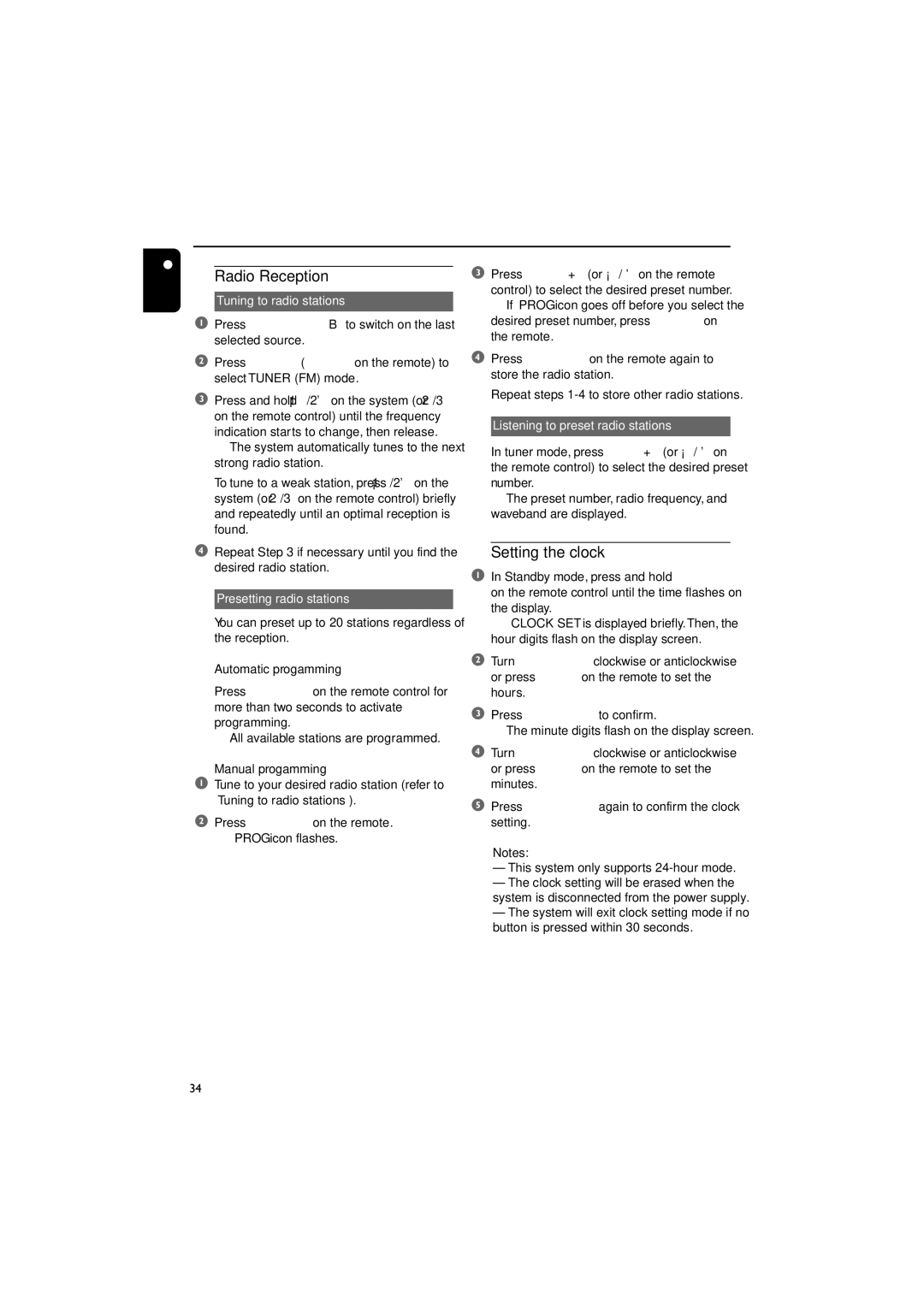 Philips PDCC-JS-JW-0734 manual Other Functions, Radio Reception, Setting the clock 