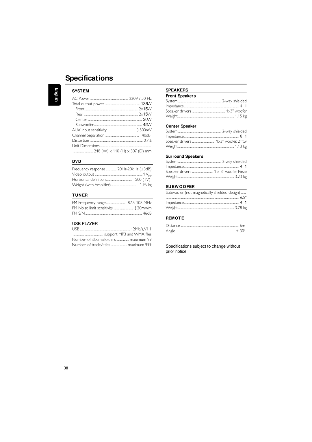 Philips PDCC-JS-JW-0734 manual Specifications, Front Speakers, Surround Speakers 