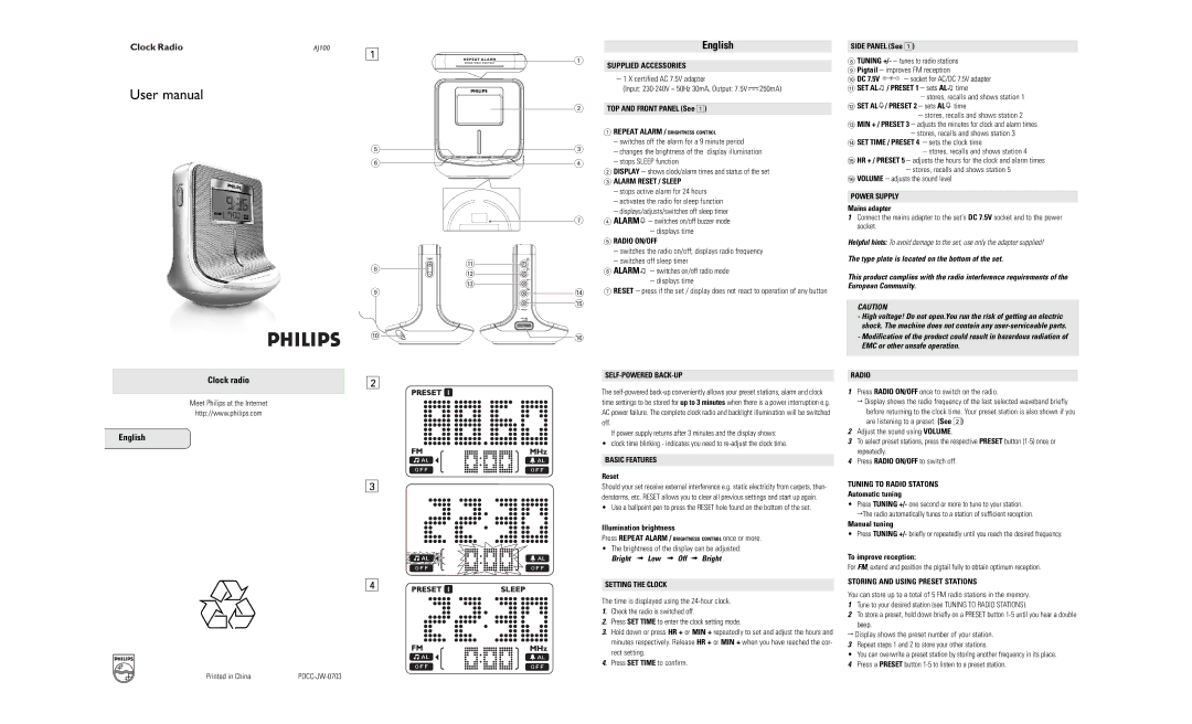 Philips PDCC-JW-0703 user manual Supplied Accessories, Alarm Reset / Sleep, Power Supply, Radio ON/OFF, Basic Features 