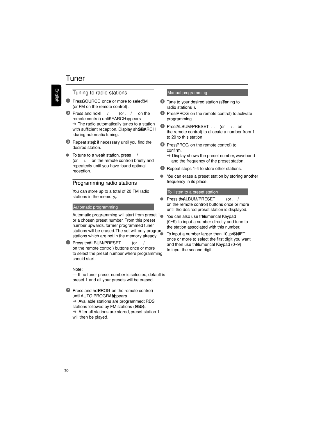 Philips PDCC-JW-0817 user manual Tuner, Tuning to radio stations, Programming radio stations 