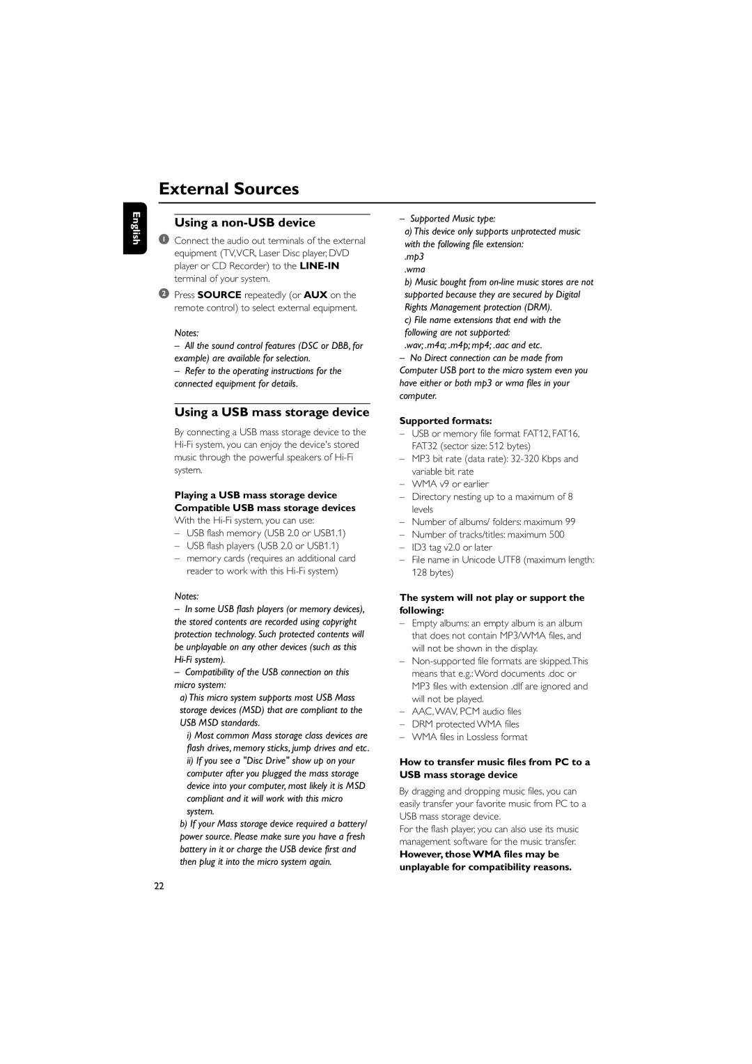 Philips PDCC-JW-0817 user manual External Sources, Using a non-USB device, Using a USB mass storage device 