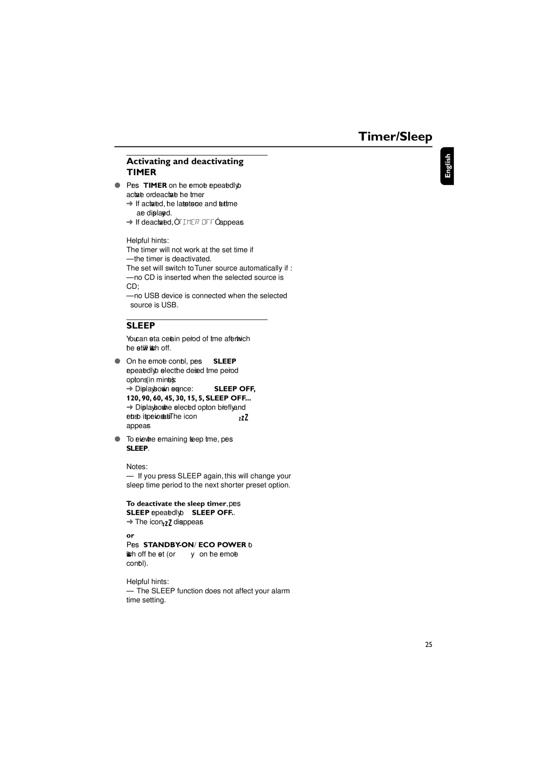 Philips PDCC-JW-0817 user manual Timer/Sleep, Activating and deactivating, Icon disappears 