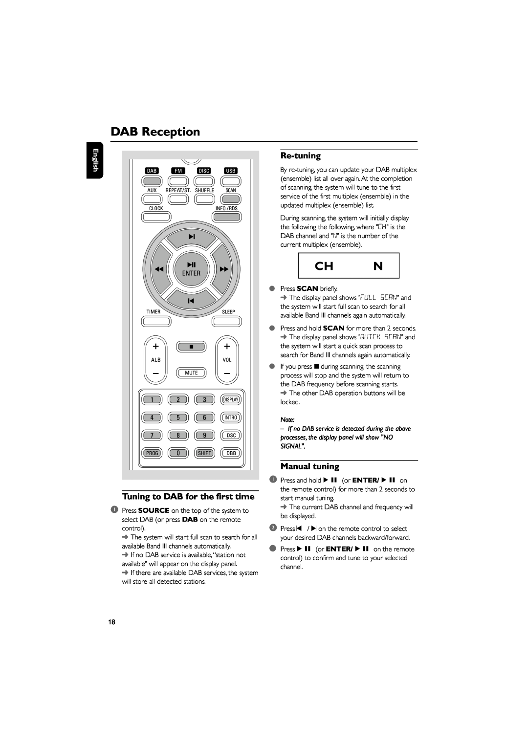 Philips PDCC-JW-0817 user manual DAB Reception, Ch N, Tuning to DAB for the first time, Re-tuning, Manual tuning, English 