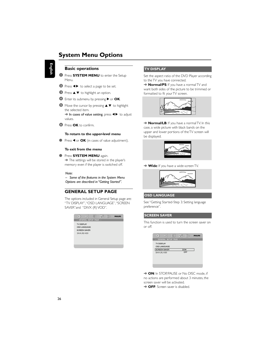 Philips PDCC-ZC-0808 manual System Menu Options, Basic operations, TV Display, OSD Language, Screen Saver 