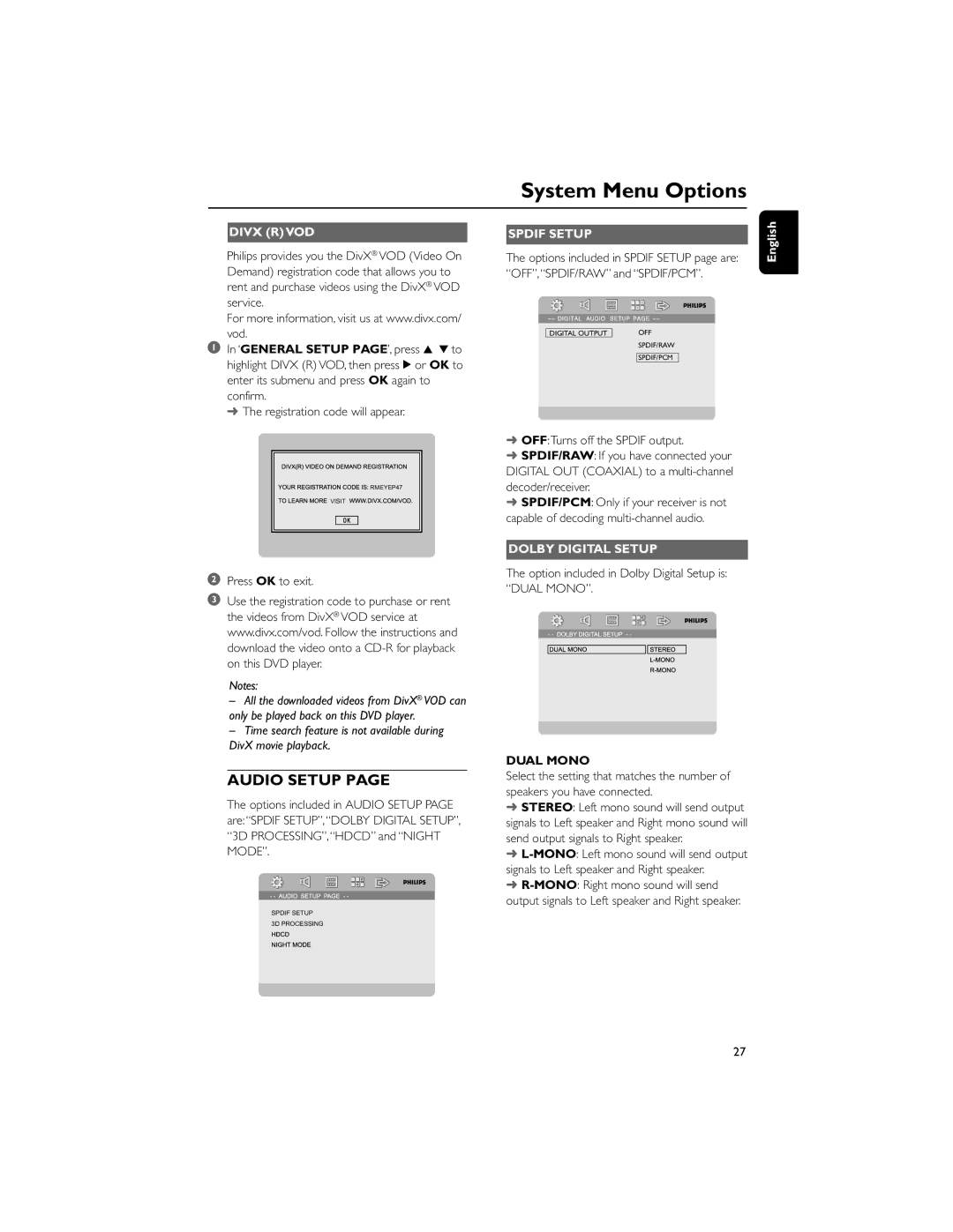 Philips PDCC-ZC-0808 manual Divx R VOD, Spdif Setup, Dolby Digital Setup, Dual Mono 