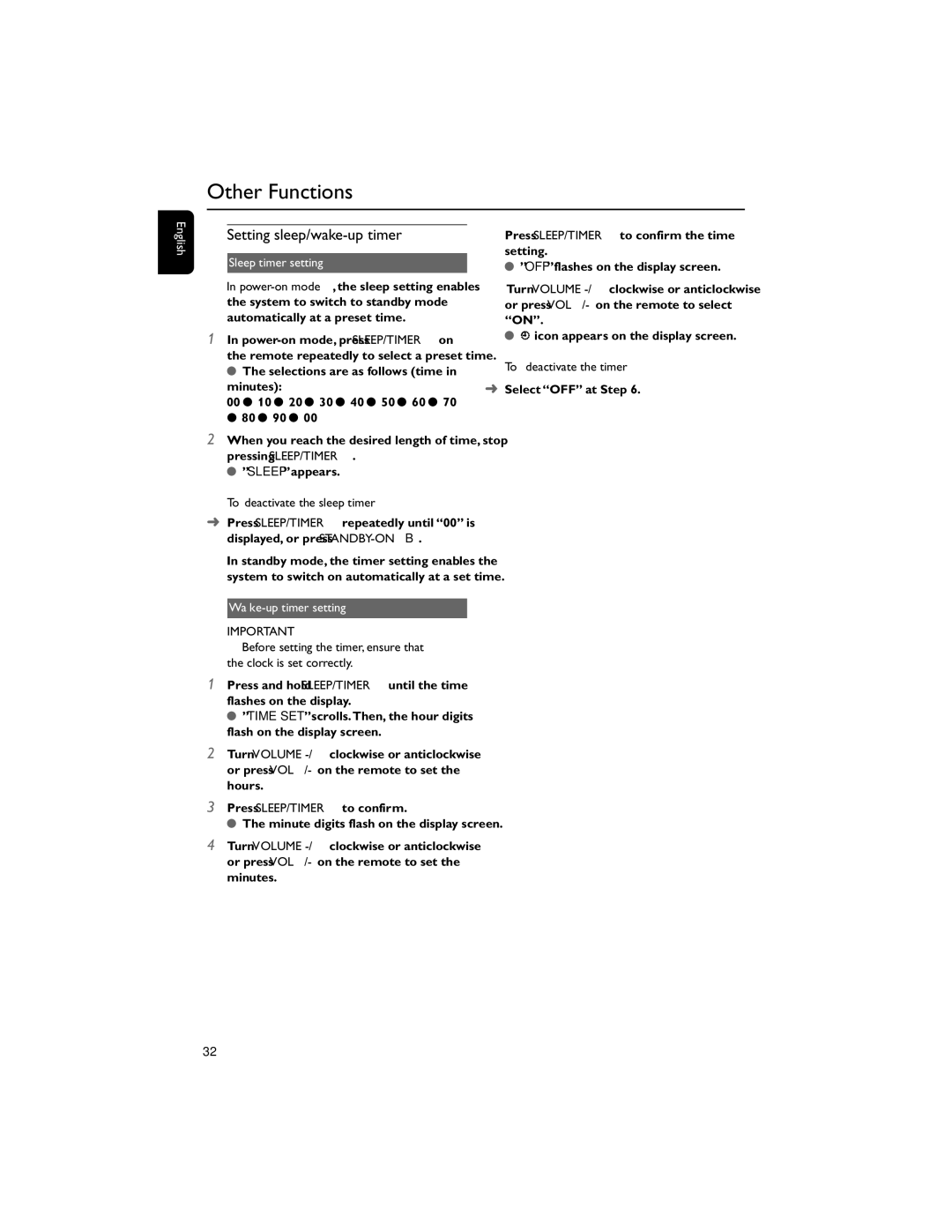 Philips PDCC-ZC-0808 manual Setting sleep/wake-up timer, Sleep timer setting, To deactivate the sleep timer 