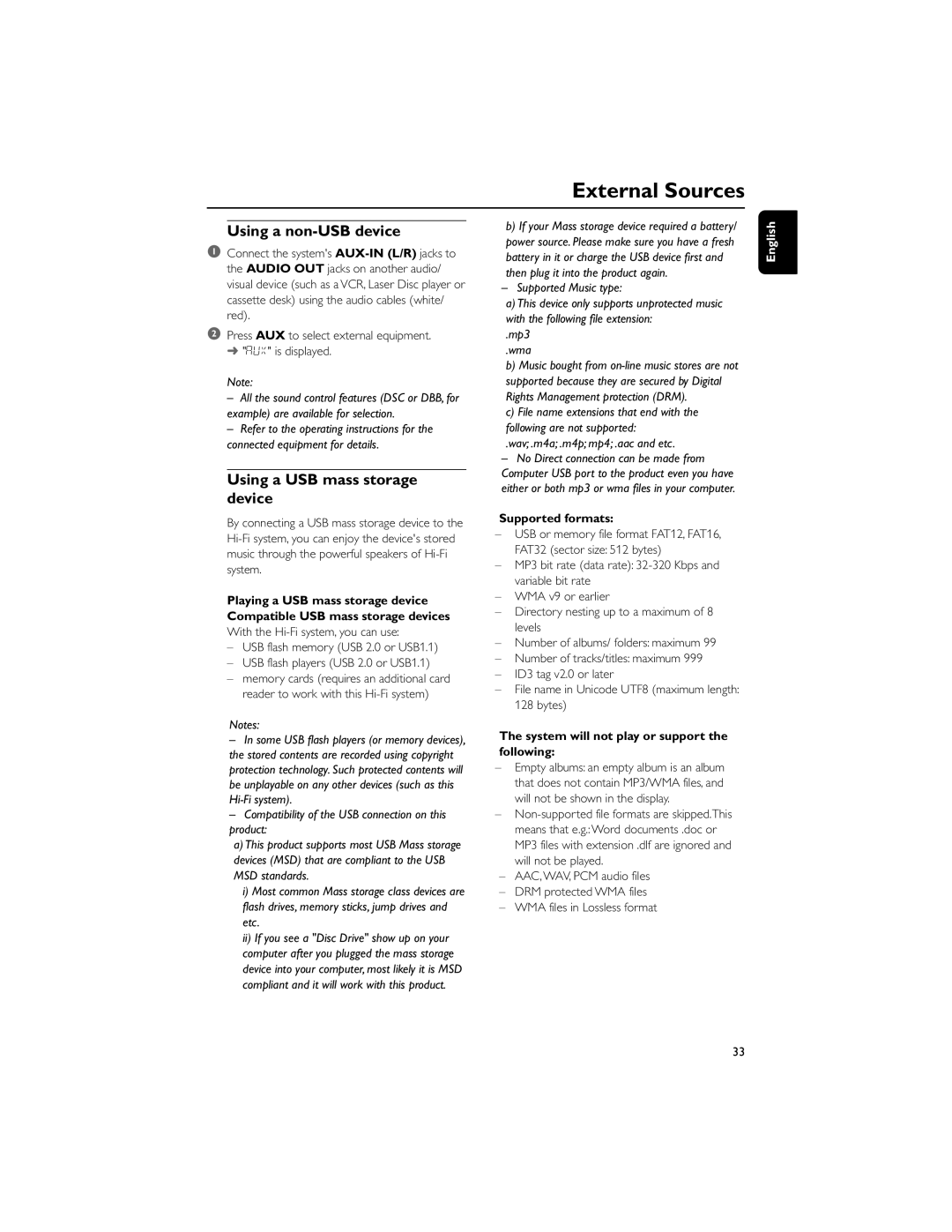 Philips PDCC-ZC-0808 manual External Sources, Using a non-USB device, Using a USB mass storage device, Supported formats 