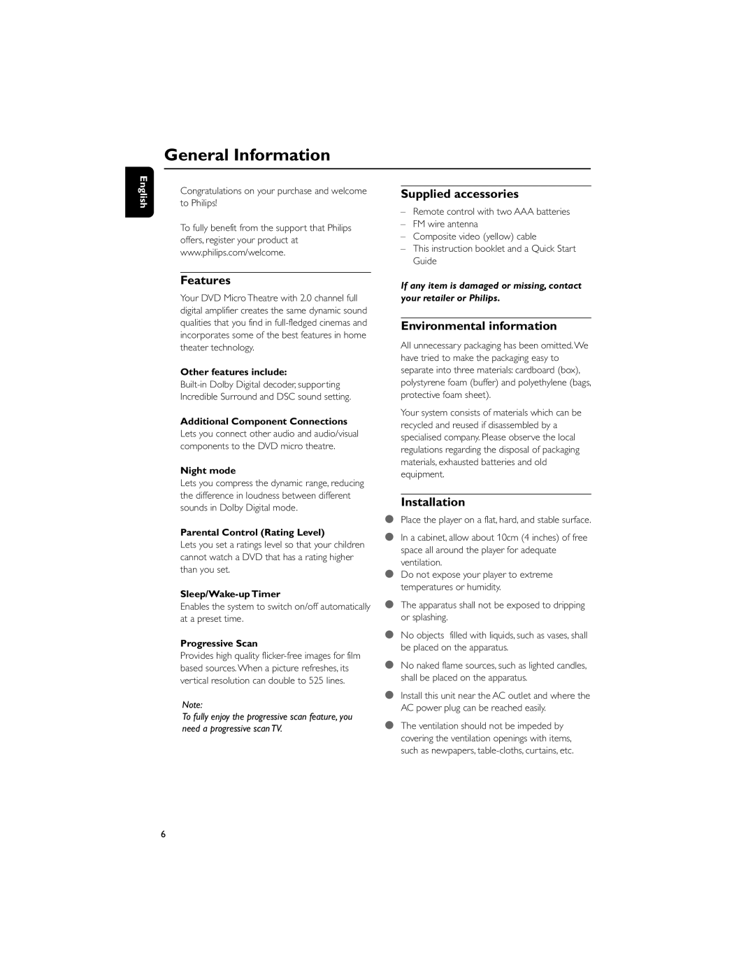 Philips PDCC-ZC-0808 manual General Information, Features, Supplied accessories, Environmental information, Installation 