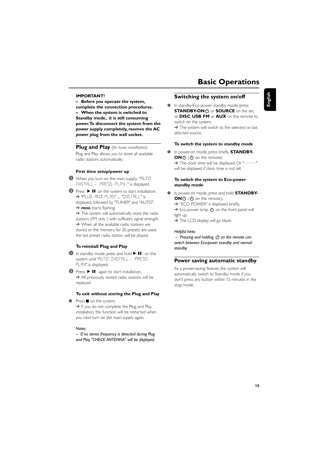 Philips PDCC-ZYL-0839 manual Basic Operations, Switching the system on/off, Power saving automatic standby 