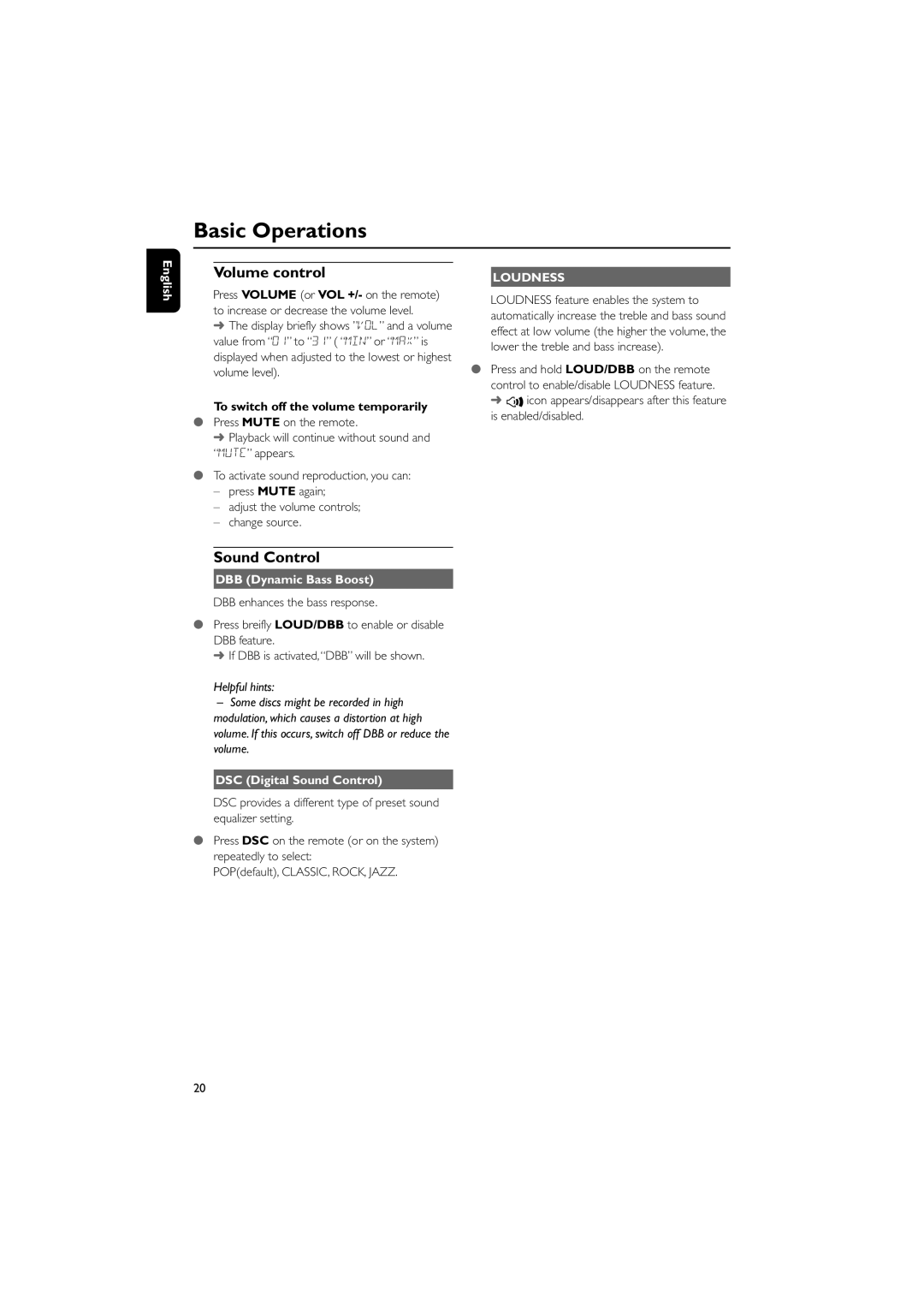 Philips PDCC-ZYL-0839 manual Sound Control, To switch off the volume temporarily, DBB Dynamic Bass Boost 