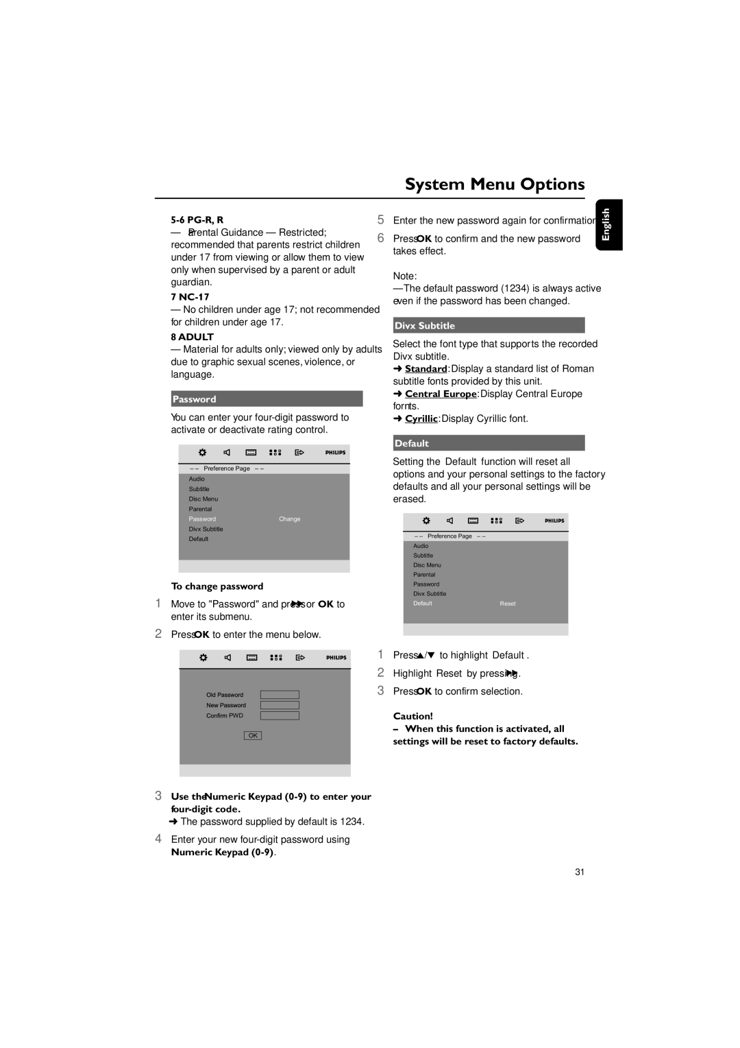 Philips PDCC-ZYL-0839 manual Adult, Password, Divx Subtitle, Default 