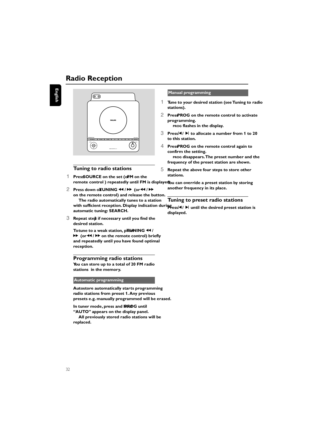 Philips PDCC-ZYL-0839 manual Radio Reception, Tuning to radio stations, Programming radio stations 