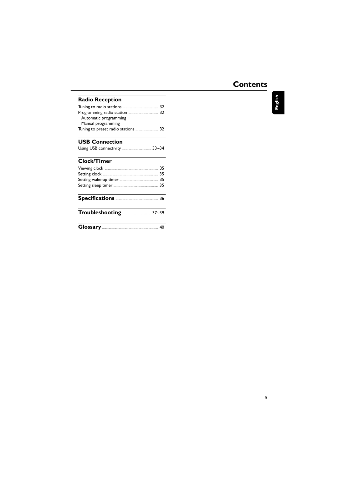 Philips PDCC-ZYL-0839 manual Radio Reception, USB Connection, Clock/Timer, Automatic programming Manual programming 