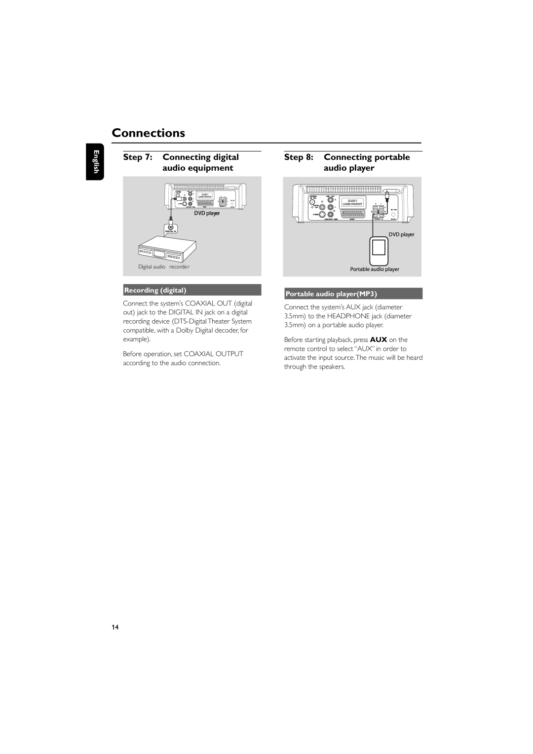 Philips PDCC-ZYL-0906 user manual Connecting digital audio equipment, Connecting portable audio player, Recording digital 