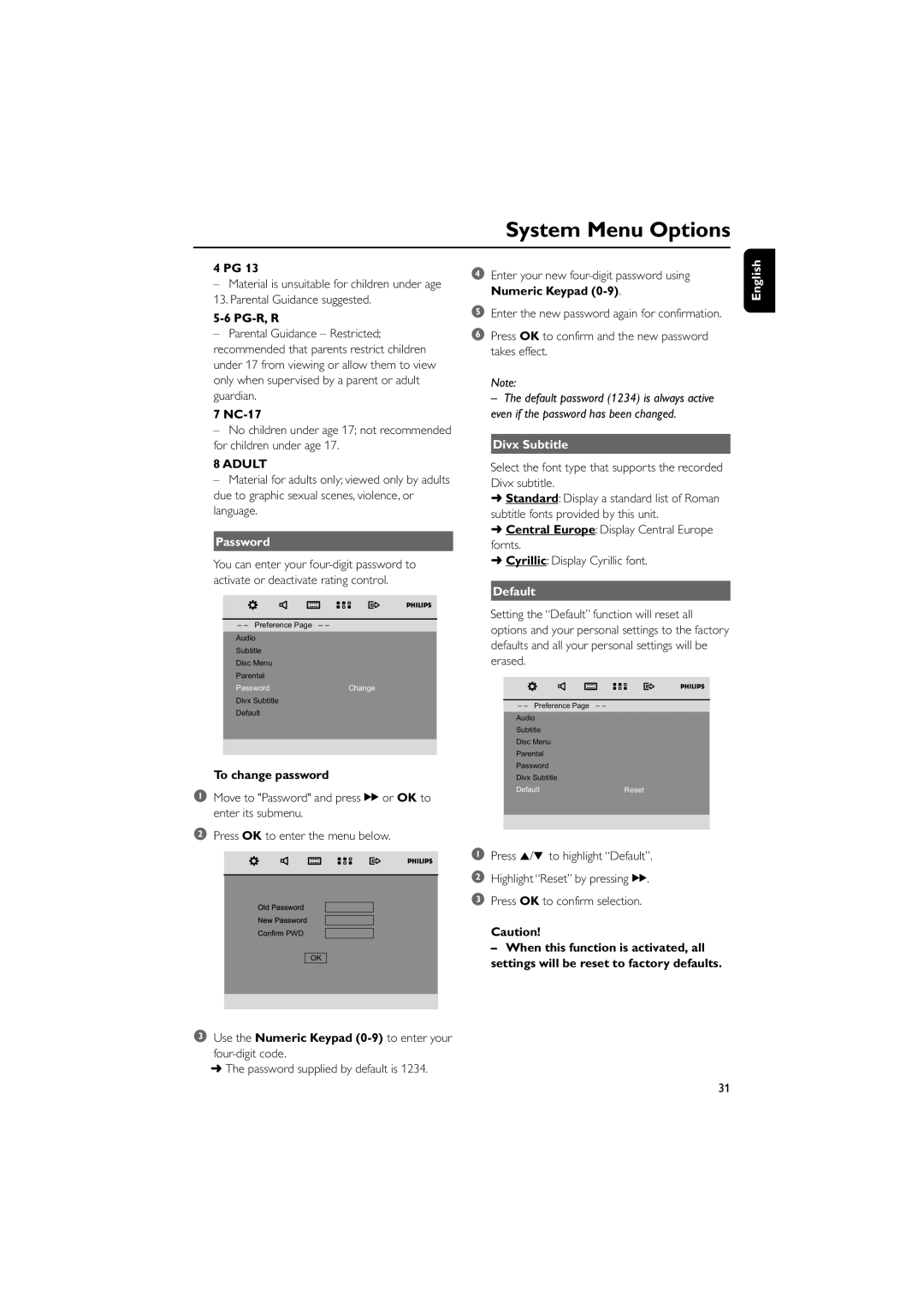 Philips PDCC-ZYL-0906 user manual Adult, Password, Divx Subtitle, Default 