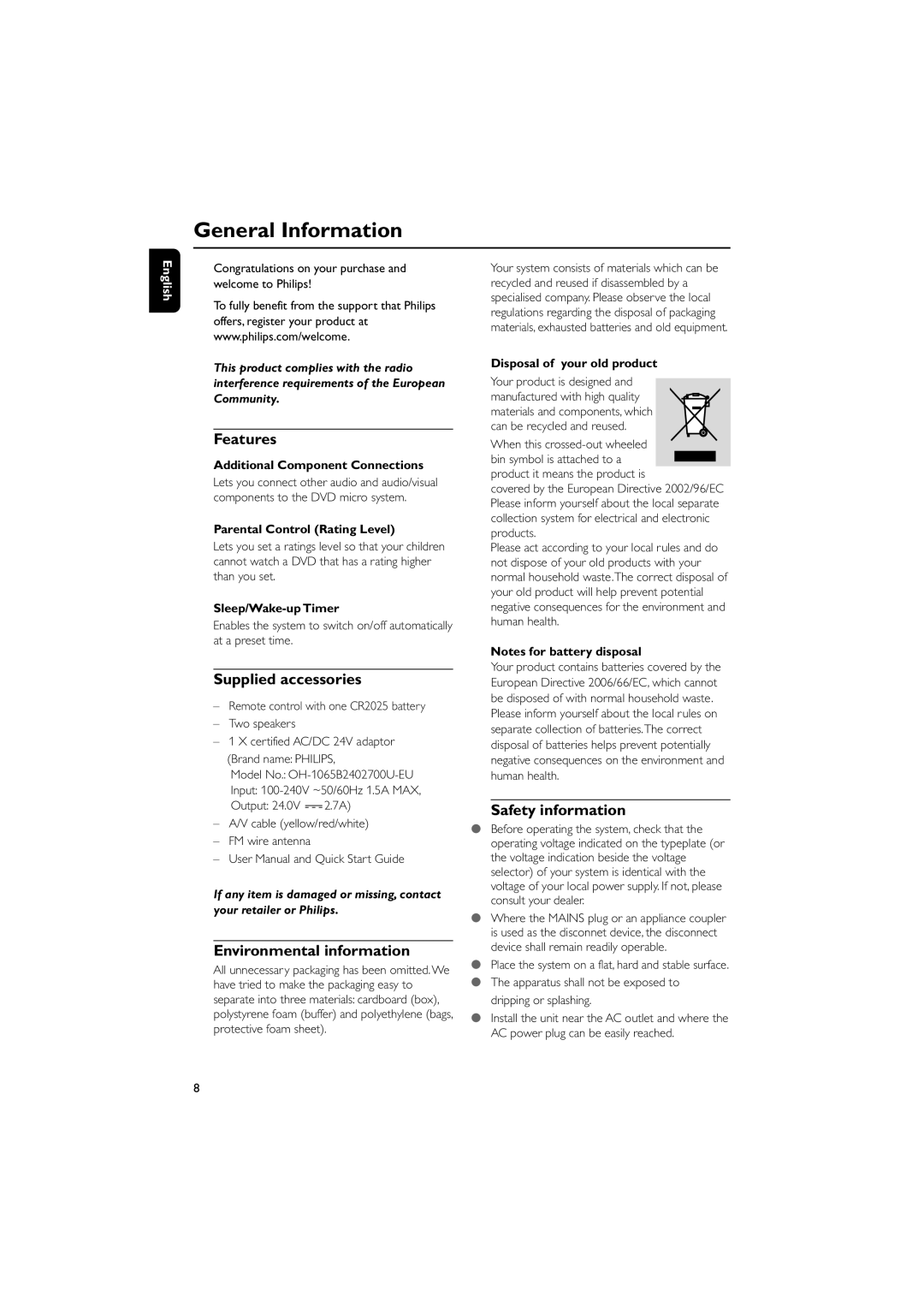 Philips PDCC-ZYL-0906 General Information, Features, Supplied accessories, Environmental information, Safety information 