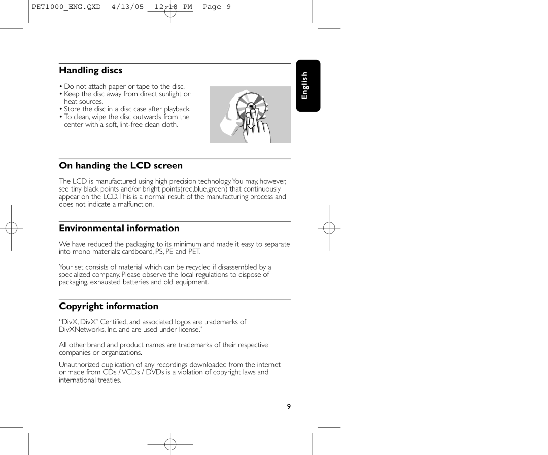 Philips PET1000/00 user manual Handling discs, On handing the LCD screen, Environmental information, Copyright information 