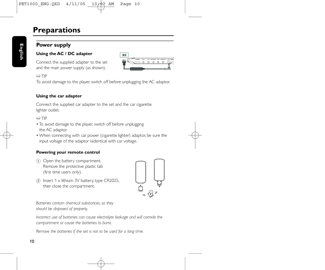 Philips PET1000/00 user manual Preparations, Power supply, Using the AC / DC adapter, Using the car adapter 