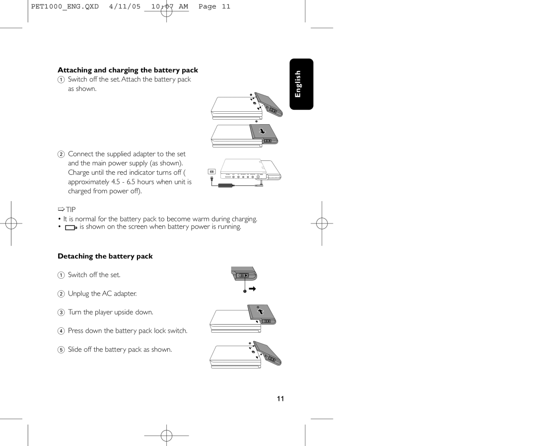 Philips PET1000/00 user manual Attaching and charging the battery pack, Detaching the battery pack 