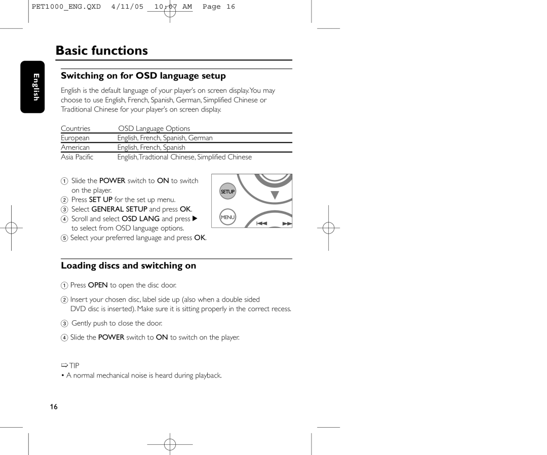 Philips PET1000/00 user manual Basic functions, Switching on for OSD language setup, Loading discs and switching on 