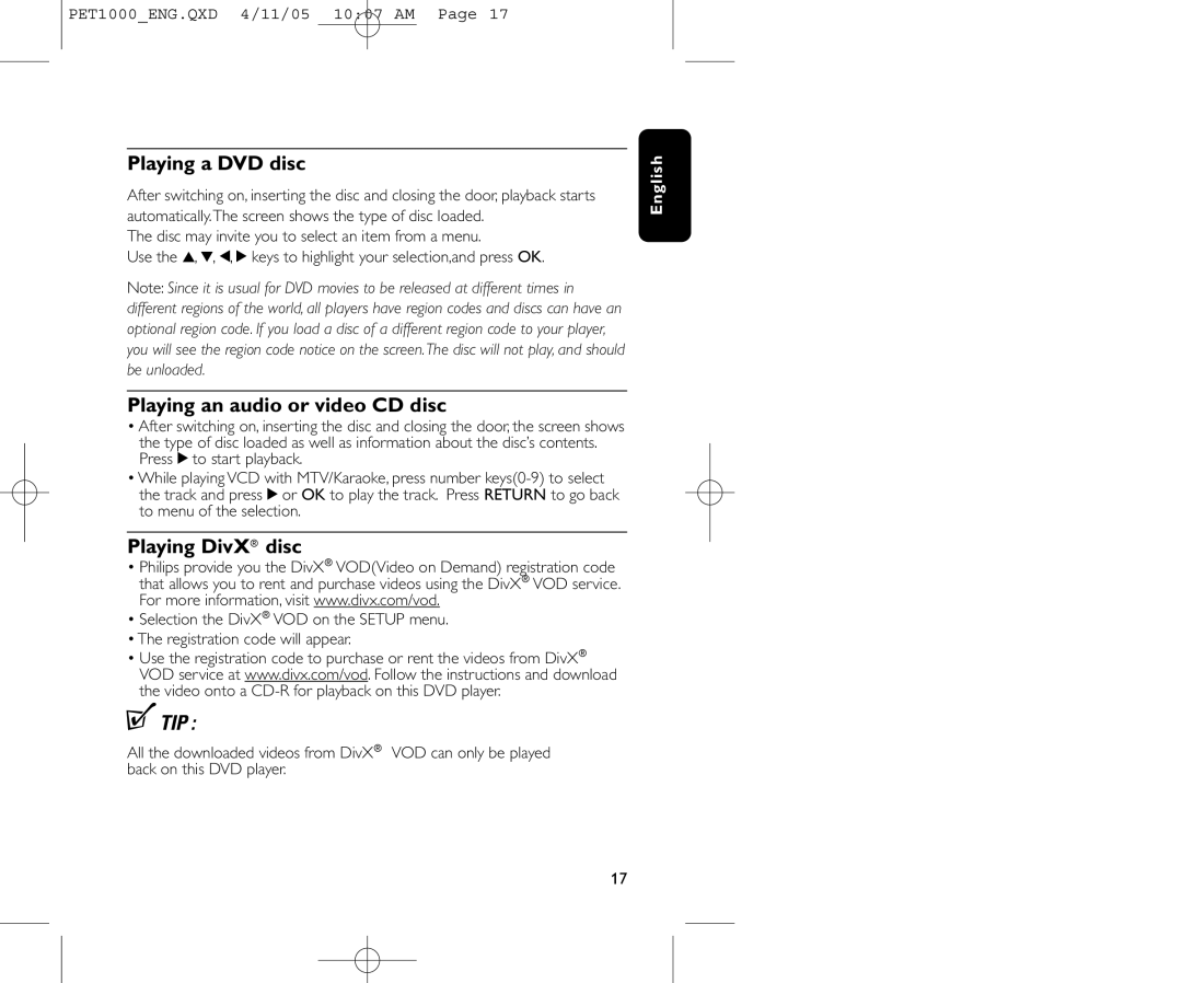 Philips PET1000/00 user manual Playing a DVD disc, Playing an audio or video CD disc, Disc 