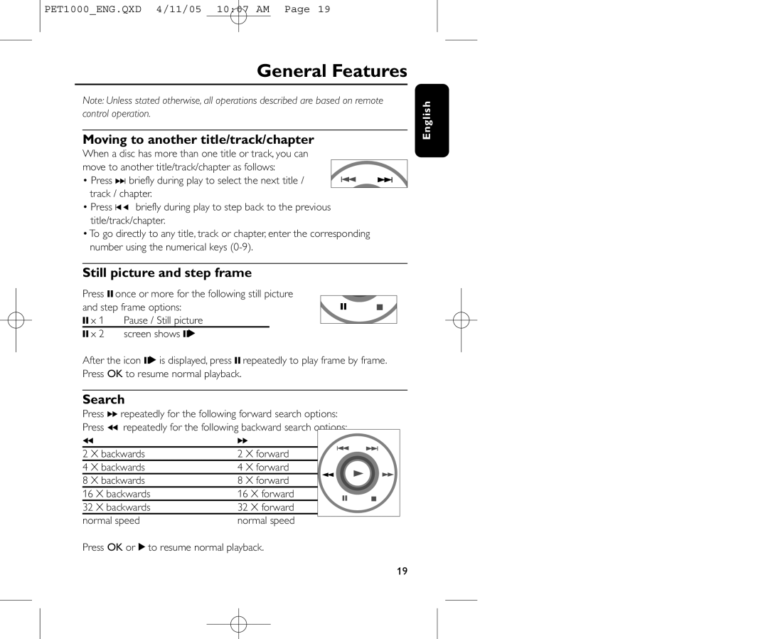 Philips PET1000/00 General Features, Moving to another title/track/chapter, Still picture and step frame, Search 