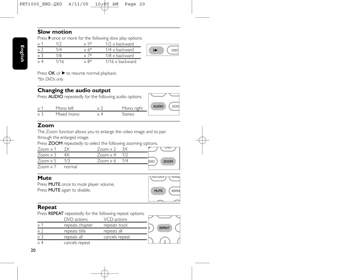 Philips PET1000/00 user manual Slow motion, Changing the audio output, Zoom, Mute, Repeat 