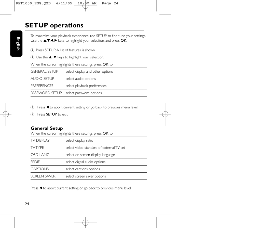 Philips PET1000/00 user manual Setup operations, General Setup 