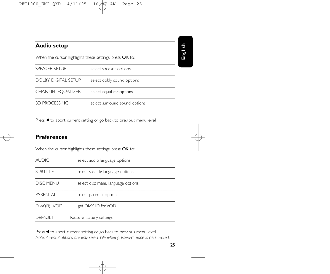 Philips PET1000/00 user manual Audio setup, Preferences 