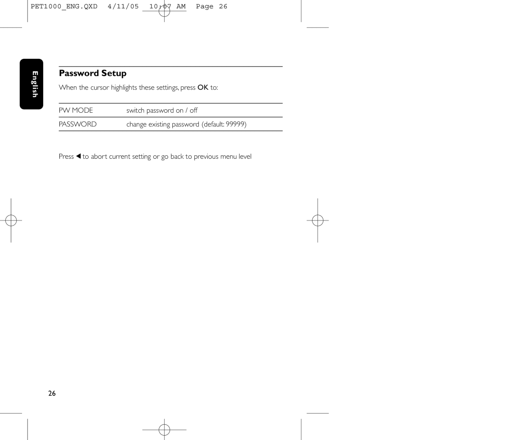 Philips PET1000/00 user manual Password Setup, PW Mode 