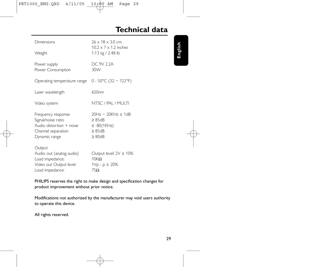 Philips PET1000/00 user manual Technical data, Ntsc / PAL / Multi 